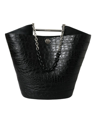 Elegant Black Crocodile Leather Maxi Bucket Bag - IzzySauvage