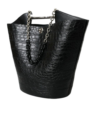 Elegant Black Crocodile Leather Maxi Bucket Bag - IzzySauvage