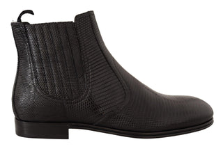 Elegant Black Leather Lizard Skin Derby Boots - IzzySauvage