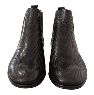 Elegant Black Leather Lizard Skin Derby Boots - IzzySauvage