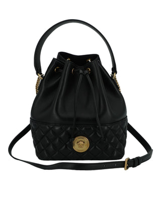 Elegant Black Leather Medusa Bucket Shoulder Bag - IzzySauvage