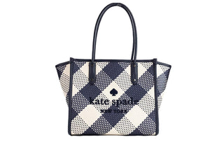 Ella Gingham Blazer Blue Oversized Woven Shoulder Tote Bag Purse - IzzySauvage