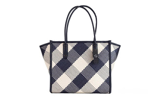 Ella Gingham Blazer Blue Oversized Woven Shoulder Tote Bag Purse - IzzySauvage