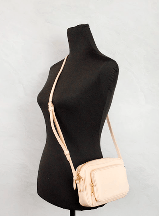 Small Branded Peach Pink Grainy Leather Camera Crossbody Bag - IzzySauvage