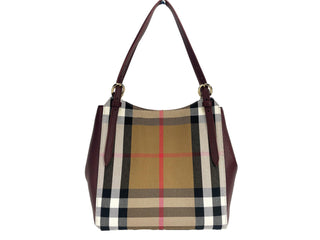 Small Canterby Mahogany Leather Check Canvas Tote Bag Purse - IzzySauvage