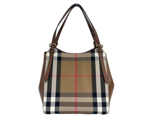 Small Canterby Tan Leather Check Canvas Tote Bag Purse - IzzySauvage