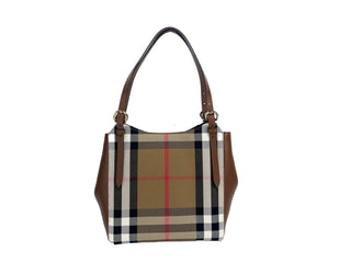 Small Canterby Tan Leather Check Canvas Tote Bag Purse - IzzySauvage