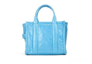 The Shiny Crinkle Mini Tote Air Blue Leather Crossbody Handbag Purse - IzzySauvage