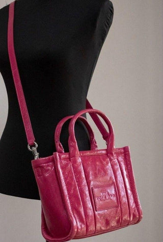 The Shiny Crinkle Mini Tote Magenta Leather Crossbody Handbag Purse - IzzySauvage