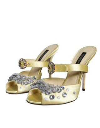 Yellow Mary Janes Satin Crystal Sandals Shoes - IzzySauvage