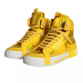 Yellow White Leather High Top Sneakers Shoes - IzzySauvage