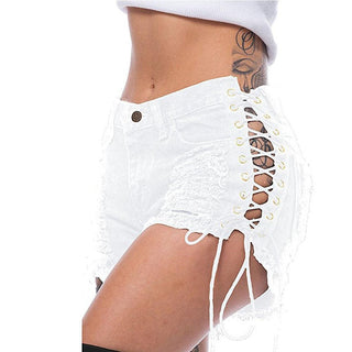 Stylish Women's Ripped Denim Shorts with Bandage Detailing - IzzySauvage