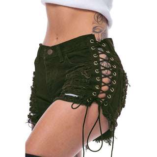 Stylish Women's Ripped Denim Shorts with Bandage Detailing - IzzySauvage
