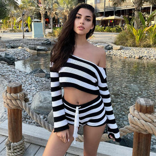 Cropped Sexy Stripped or Solid Two Piece Knitted Set - IzzySauvage